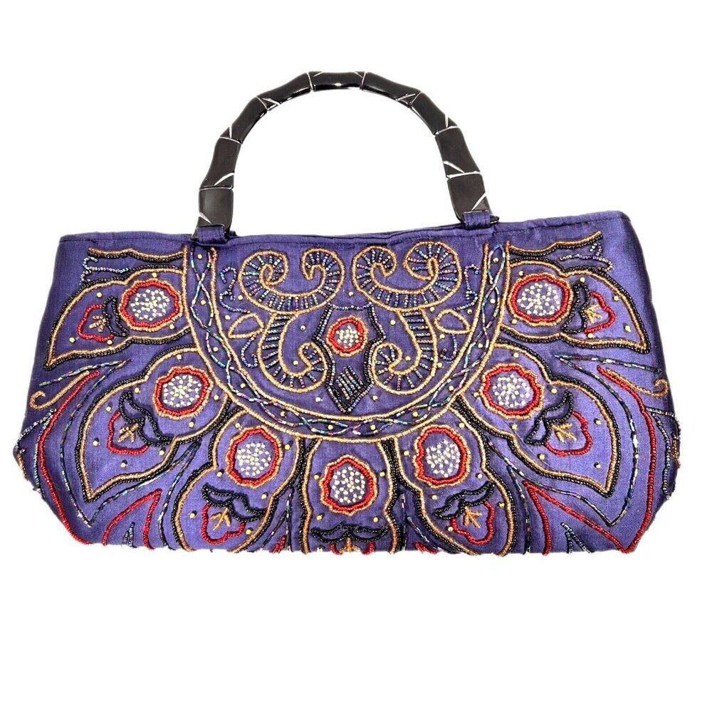 Blue Purple Beaded Purse Handbag Acrylic Bamboo style Handles Unbranded Zipper - Picture 1 of 14